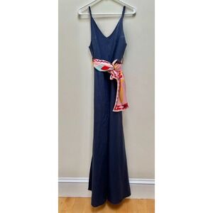 Women's 100% Linen Jumpsuit Wide Leg Navy Blue Adjustable Straps Coastal Beachy